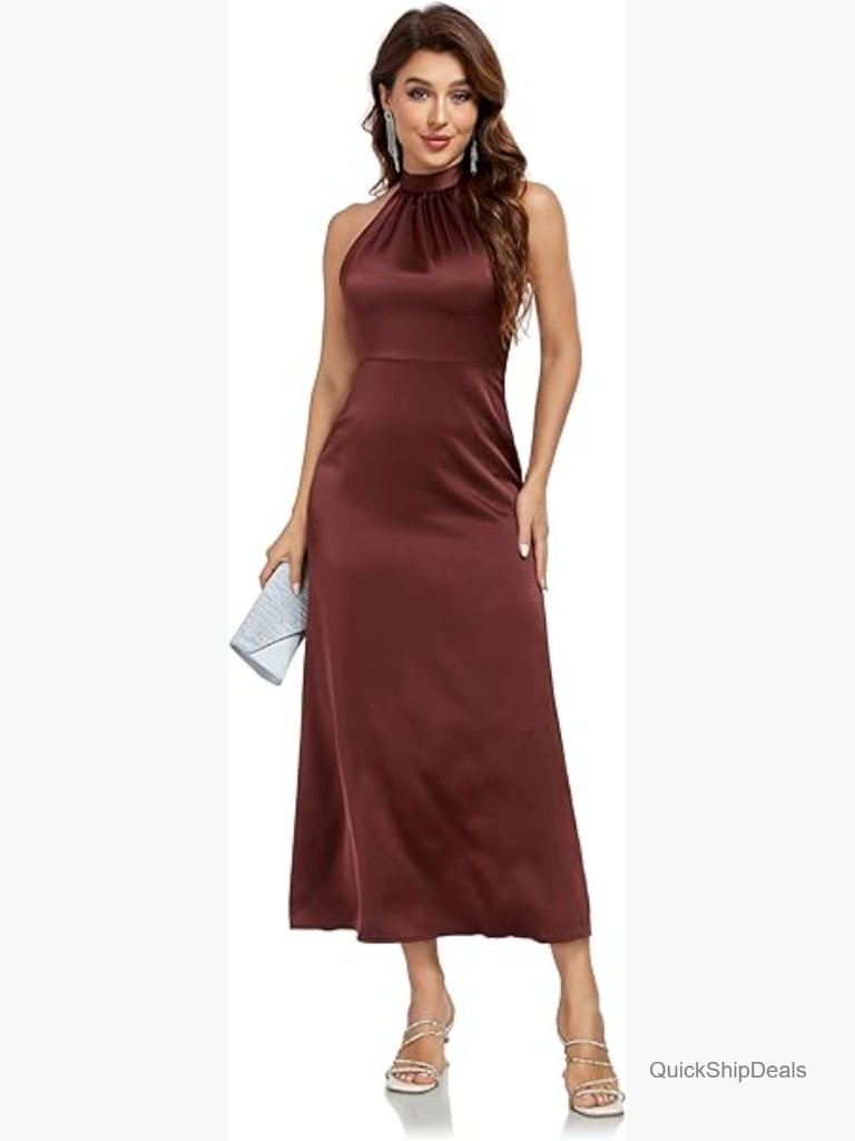 Sleeveless Satin Silk Cocktail Evening Maxi Dress Mock Halter Neck
